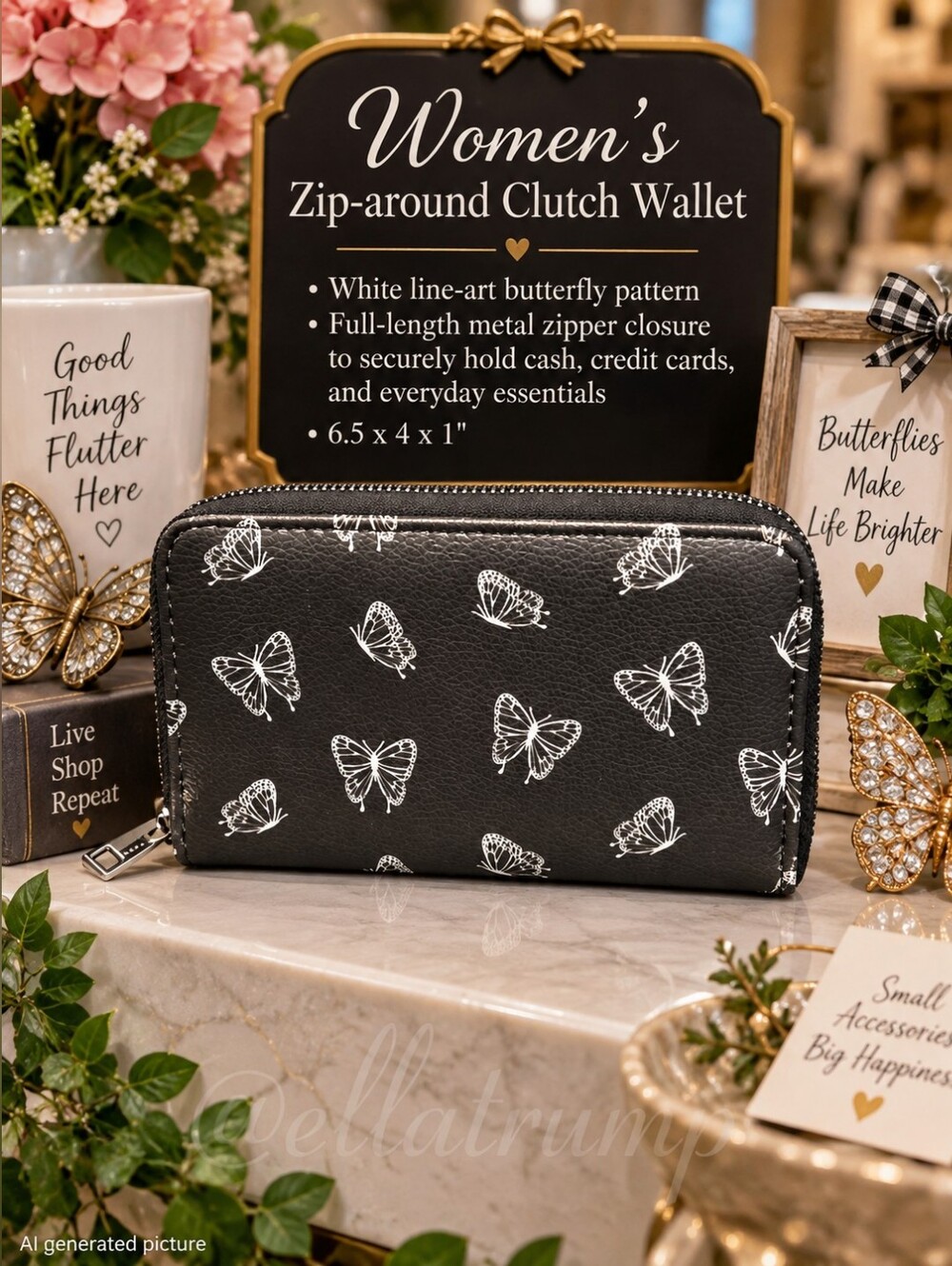 Women's Zip-around Black Clutch Wallet White line-art Butterfly Pattern